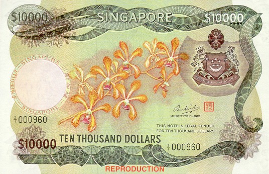 Лицевая сторона банкноты Сингапура номиналом 10000 Долларов