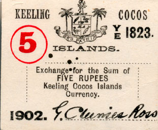 Лицевая сторона банкноты Кокосовых островов номиналом 5 Рупий