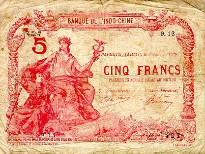 Лицевая сторона банкноты Полинезии номиналом 5 Франков