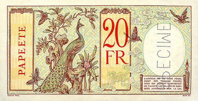 Обратная сторона банкноты Полинезии номиналом 20 Франков