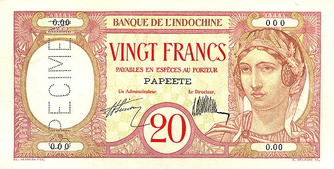 Лицевая сторона банкноты Полинезии номиналом 20 Франков