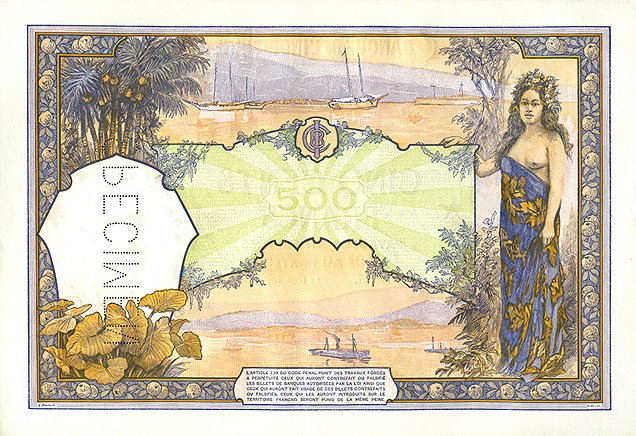 Обратная сторона банкноты Полинезии номиналом 500 Франков