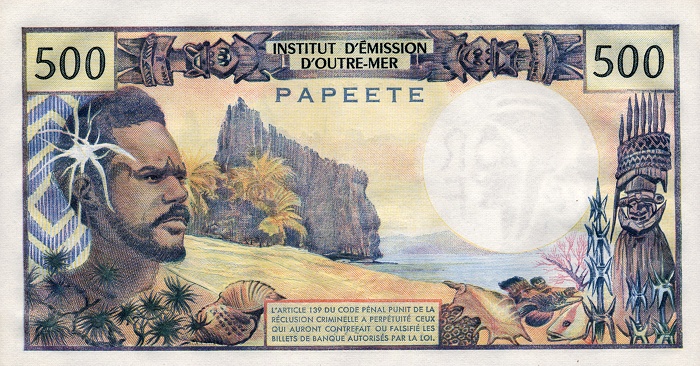 Обратная сторона банкноты Полинезии номиналом 500 Франков