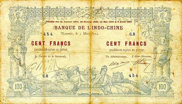 Лицевая сторона банкноты Новой Каледонии номиналом 100 Франков