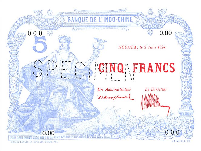 Лицевая сторона банкноты Новой Каледонии номиналом 5 Франков
