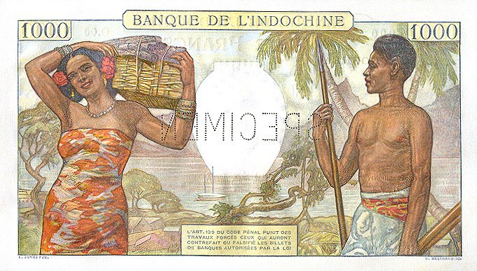 Обратная сторона банкноты Новой Каледонии номиналом 1000 Франков