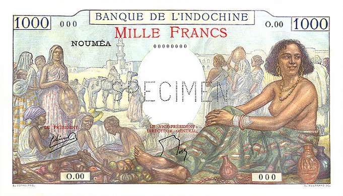 Лицевая сторона банкноты Новой Каледонии номиналом 1000 Франков