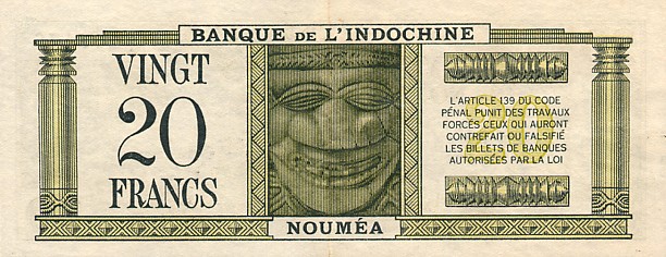 Обратная сторона банкноты Новой Каледонии номиналом 20 Франков