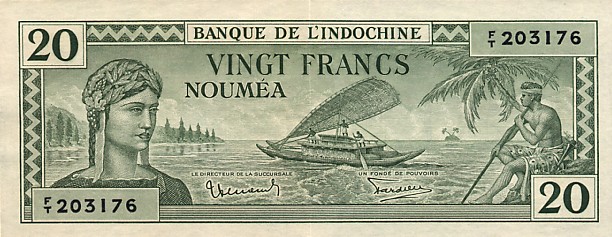 Лицевая сторона банкноты Новой Каледонии номиналом 20 Франков