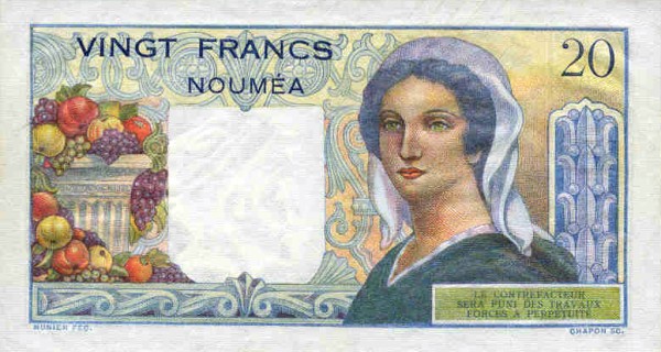 Обратная сторона банкноты Новой Каледонии номиналом 20 Франков
