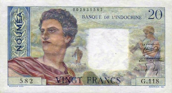 Лицевая сторона банкноты Новой Каледонии номиналом 20 Франков