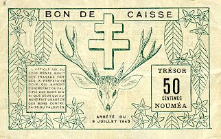 Обратная сторона банкноты Новой Каледонии номиналом 50 Сантимов