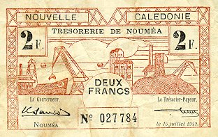 Лицевая сторона банкноты Новой Каледонии номиналом 2 Франка