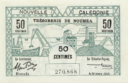 Лицевая сторона банкноты Новой Каледонии номиналом 50 Сантимов