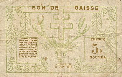 Обратная сторона банкноты Новой Каледонии номиналом 5 Франков
