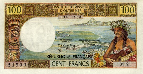 Лицевая сторона банкноты Новой Каледонии номиналом 100 Франков