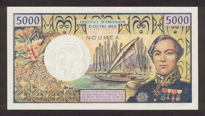 Обратная сторона банкноты Новой Каледонии номиналом 5000 Франков