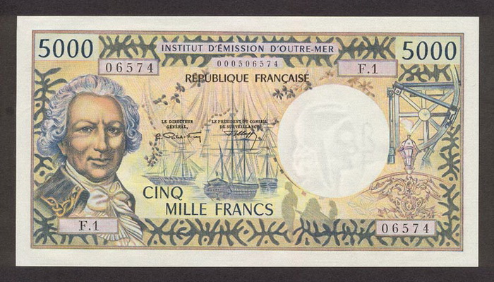 Лицевая сторона банкноты Новой Каледонии номиналом 5000 Франков