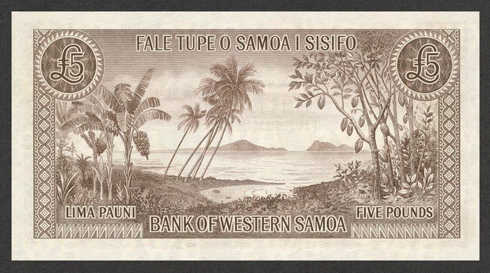 Обратная сторона банкноты Самоа номиналом 5 Фунтов