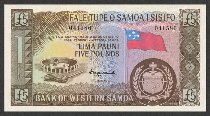 Лицевая сторона банкноты Самоа номиналом 5 Фунтов