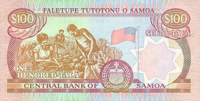 Обратная сторона банкноты Самоа номиналом 100 Тала