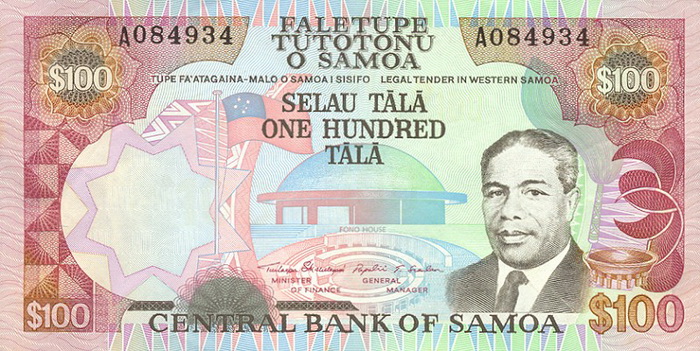 Лицевая сторона банкноты Самоа номиналом 100 Тала