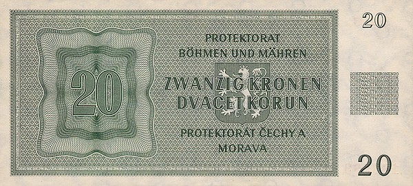 Обратная сторона банкноты Чехии номиналом 20 Крон