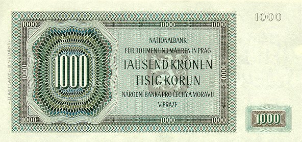 Обратная сторона банкноты Чехии номиналом 1000 Крон