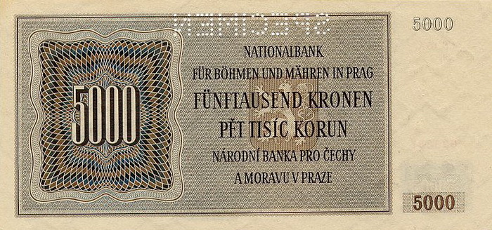 Обратная сторона банкноты Чехии номиналом 5000 Крон