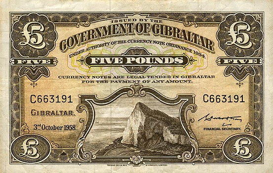 Лицевая сторона банкноты Гибралтара номиналом 5 Фунтов