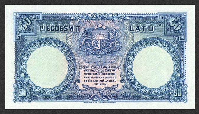 Обратная сторона банкноты Латвии номиналом 50 Латов