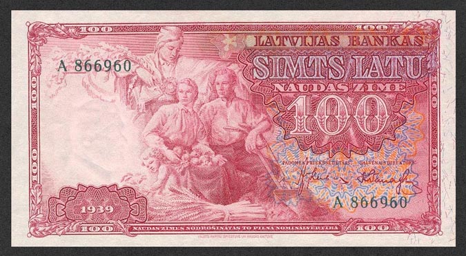 Лицевая сторона банкноты Латвии номиналом 100 Латов