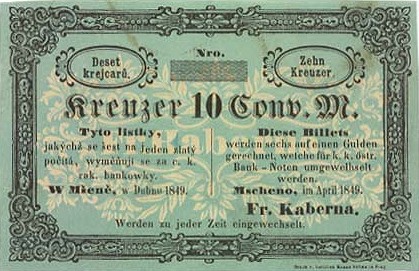 Лицевая сторона банкноты Чехии номиналом 10 Крейцеров