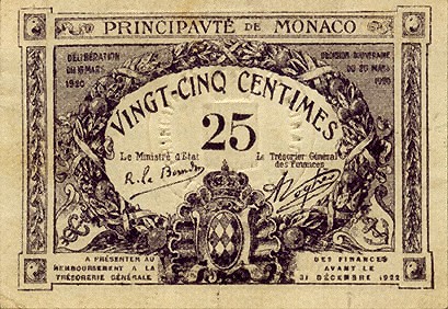 Лицевая сторона банкноты Монако номиналом 25 Сантимов