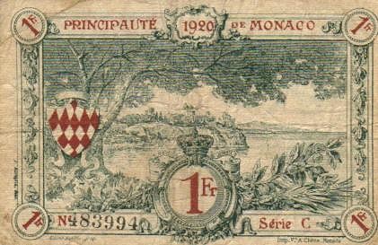 Обратная сторона банкноты Монако номиналом 1 Франк