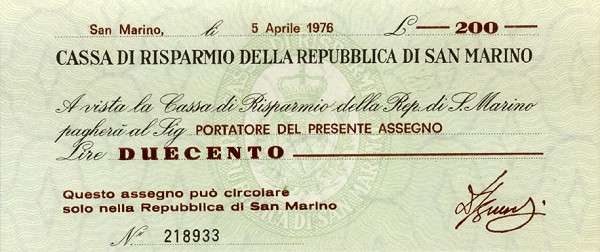 Лицевая сторона банкноты Сан-Марино номиналом 200 Лир
