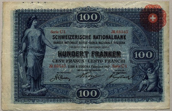 Лицевая сторона банкноты Швейцарии номиналом 100 Франков