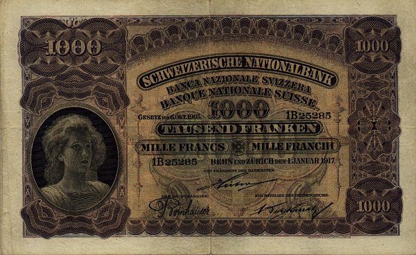 Лицевая сторона банкноты Швейцарии номиналом 1000 Франков
