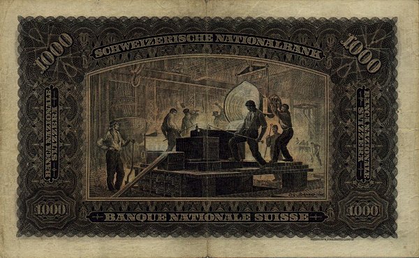 Обратная сторона банкноты Швейцарии номиналом 1000 Франков