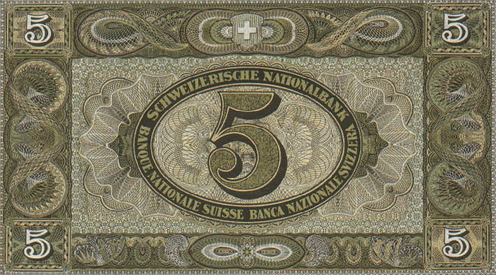 Обратная сторона банкноты Швейцарии номиналом 5 Франков