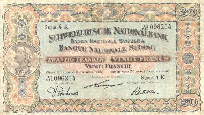 Лицевая сторона банкноты Швейцарии номиналом 20 Франков