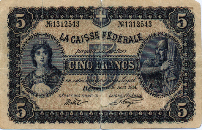 Лицевая сторона банкноты Швейцарии номиналом 5 Франков