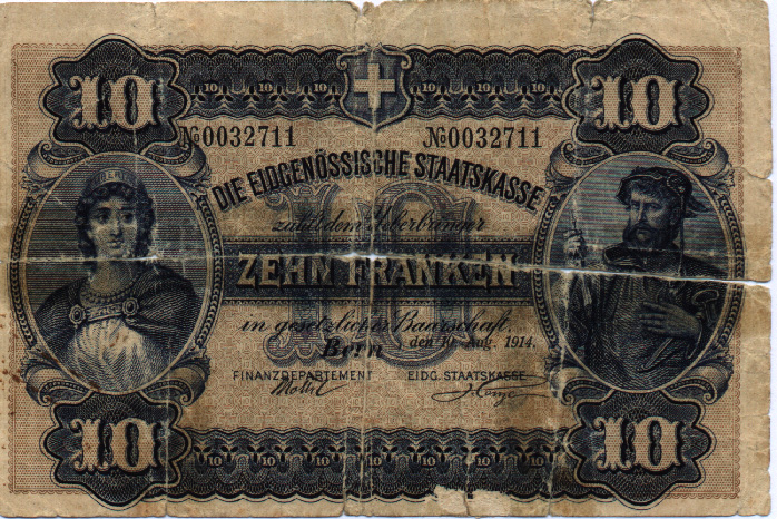 Лицевая сторона банкноты Швейцарии номиналом 10 Франков