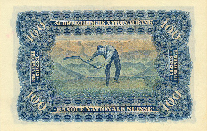 Обратная сторона банкноты Швейцарии номиналом 100 Франков
