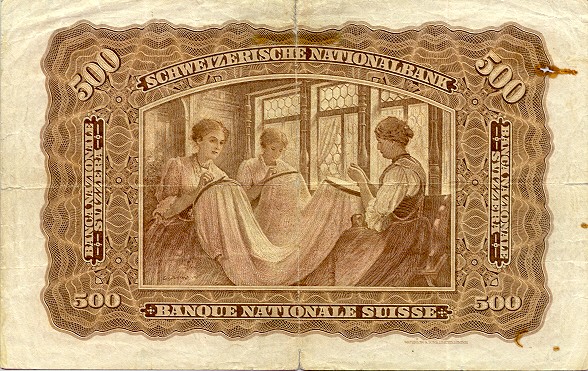 Обратная сторона банкноты Швейцарии номиналом 500 Франков