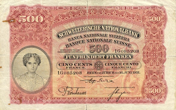 Лицевая сторона банкноты Швейцарии номиналом 500 Франков