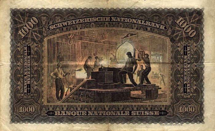 Обратная сторона банкноты Швейцарии номиналом 1000 Франков