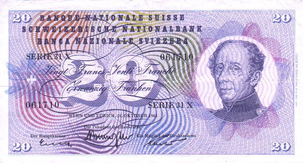 Лицевая сторона банкноты Швейцарии номиналом 20 Франков