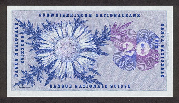 Обратная сторона банкноты Швейцарии номиналом 20 Франков
