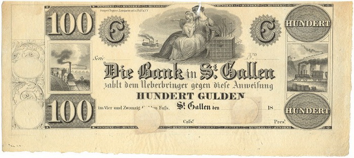 Лицевая сторона банкноты Швейцарии номиналом 100 Гульденов